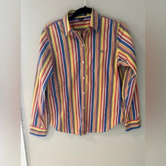 Lauren by Ralph Lauren Multi-Color Striped Button Up Cotton Blouse SZ S M0342 - Picture 1 of 9